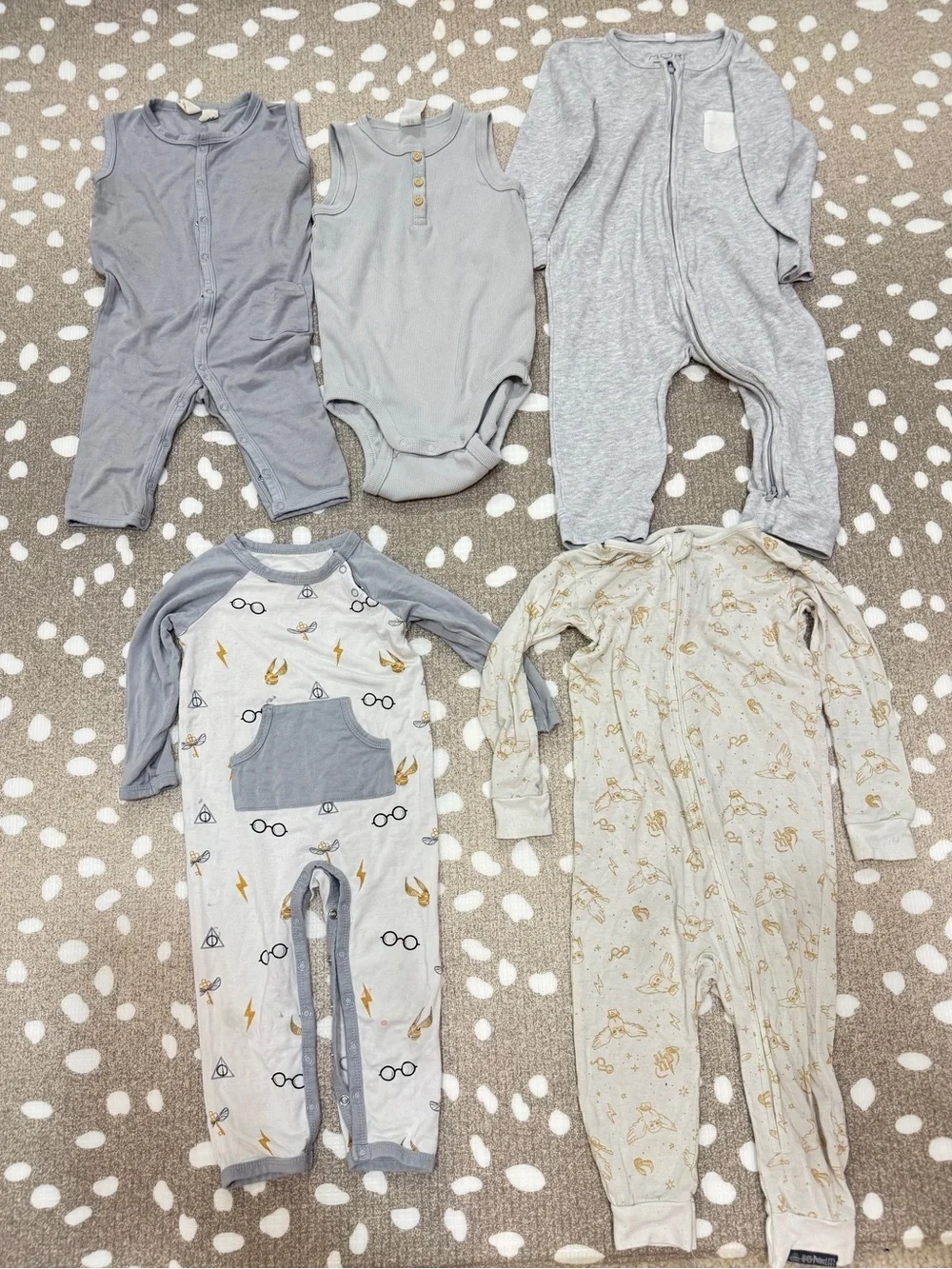 Lot of 5 Bamboo harry potter coverall romper onesie zippy playsuit neutral baby